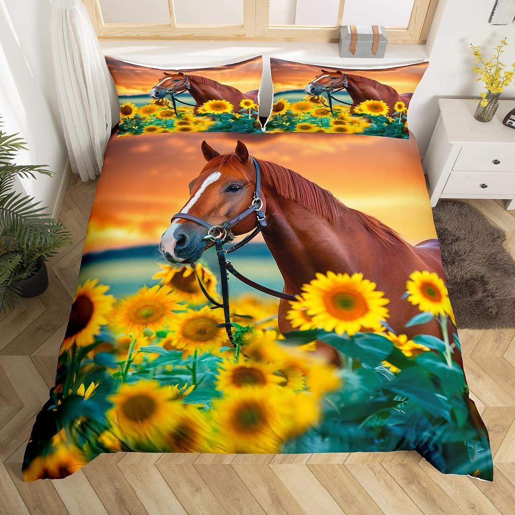 Horse Duvet Cover Western Cowboy Farmhouse Animal Bedding Set Soft Sunflower Floral Comforter Cover Twin Queen For Boys Girls