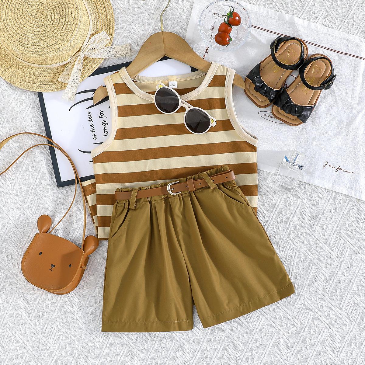 Children s Casual Set: Summer Girls Striped Tank Top and Shorts Two-Piece Set 100cm