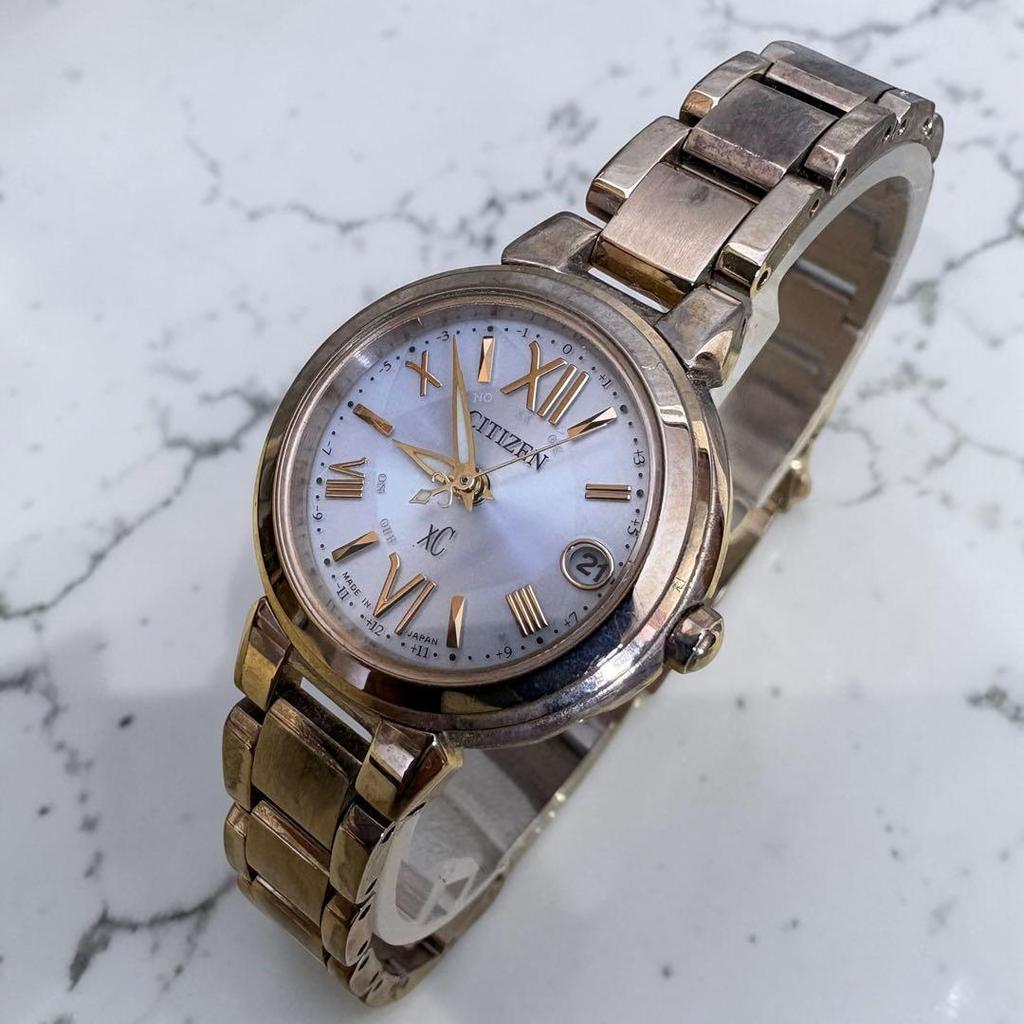 Used Working item Citizen xC Eco Drive pink gold wristwatch with box extra frames available