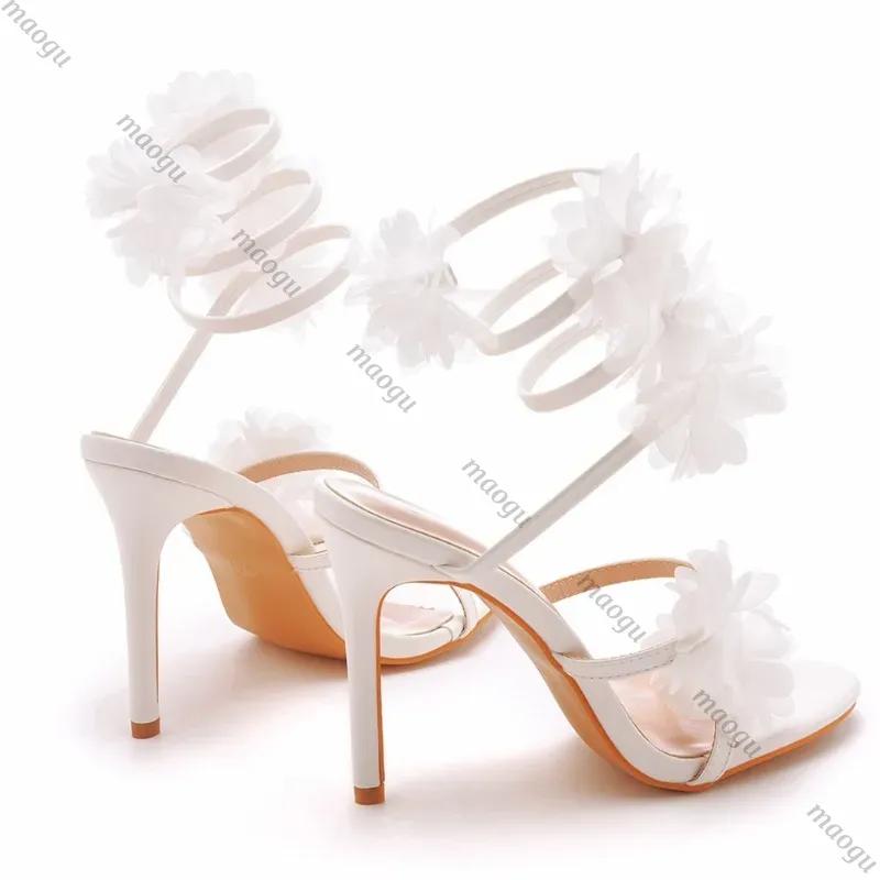 Shoes Woman Strap High-heeled SandalsWomen's White Flower Female Banquet Wedding Dress Bridal Shoes Princess Sandals Ladies