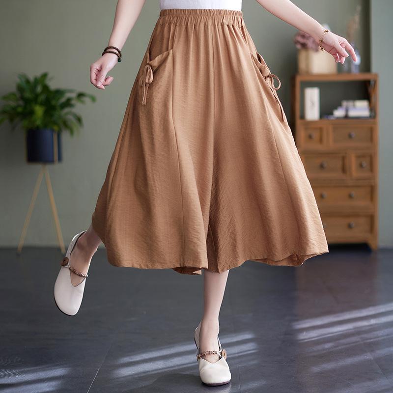 Wide Leg Pants for Women In Summer Loose Fit Plus Size Solid Color Elastic Waistband Large Swing Skirt Pants Casual Cropped Pants