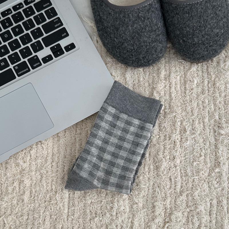 Korean Style Blue & White Plaid Mid-Calf Socks for Women - Academy Style, Perfect for Spring & Autumn, Ideal with Small Leather Shoes