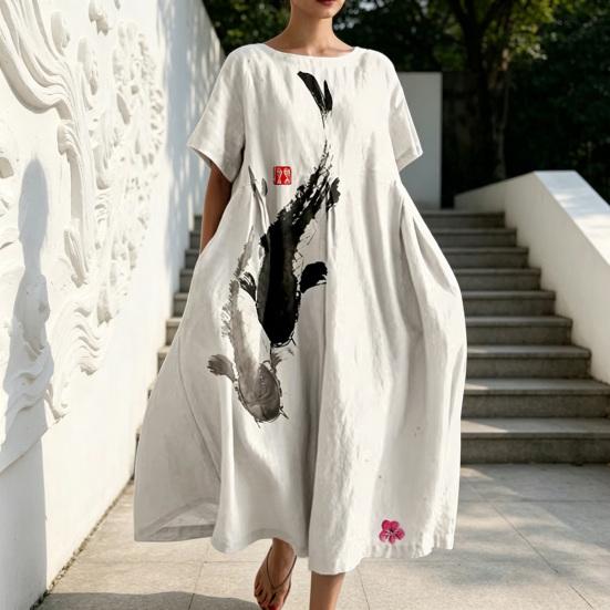 Plus Size Chinese Wash Painting Style Dress for Women Summer Short Sleeve Crew Neck Loose Long Dress Casual Vacation Sundress