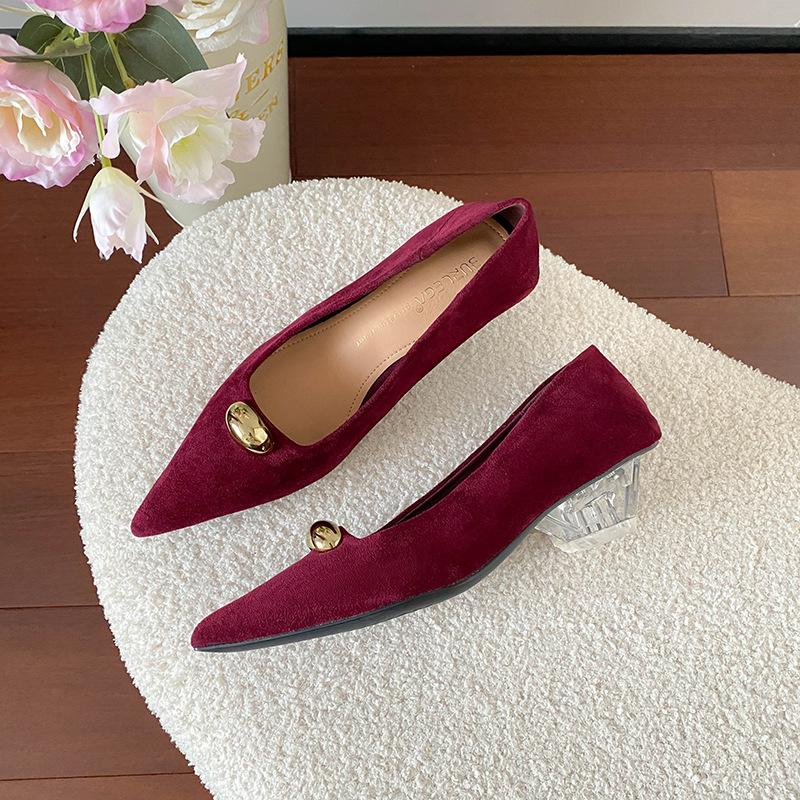 

остроносые замшевые туфли-лодочки на высоком каблуке, женские, новые, темпераментные, универсальные, с маленьким золотым бобом и хрустальным каблуком, одинарные туфли для женщин 39 бордовый