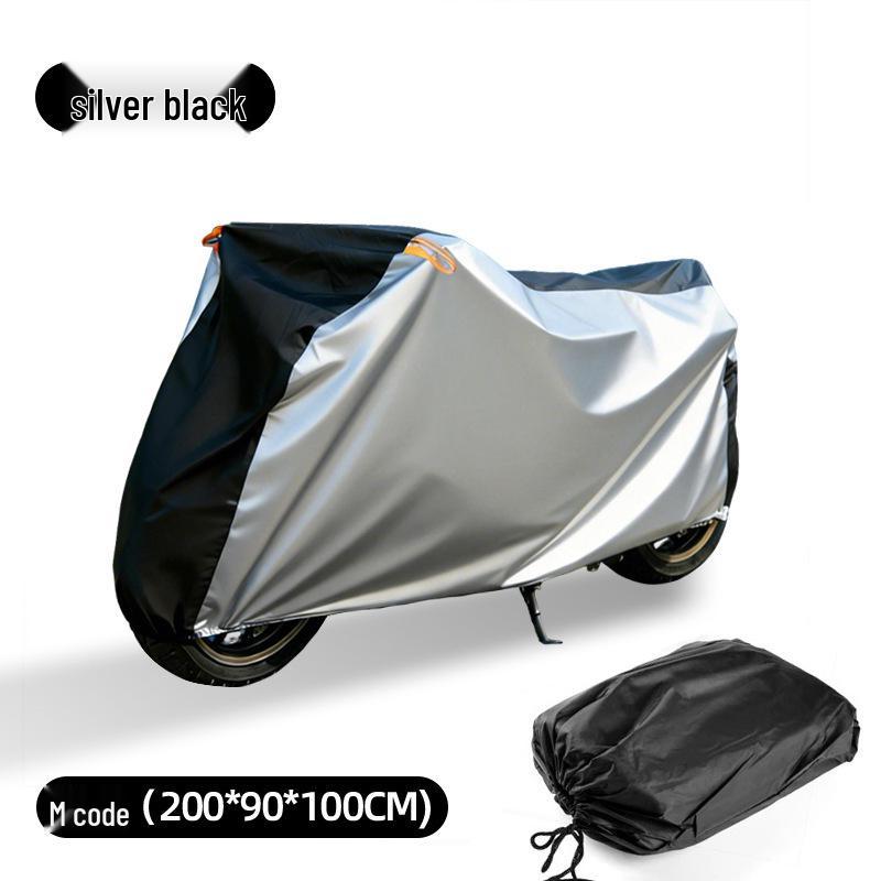 

Motorcycle and Electric Vehicle Waterproof Sun Protection Cover with Reflective Strips, 190T Polyester Taffeta, Full Coverage. Mid Black/Silver M Orange Reflective