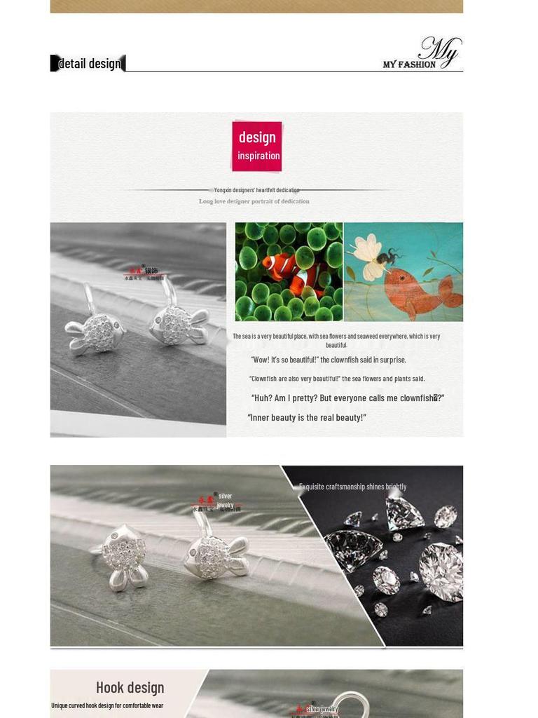 Clownfish Design 999 Pure Silver & Zirconia Hook Earrings for Women - Breathable, Anti-Allergenic, and Comfortable.