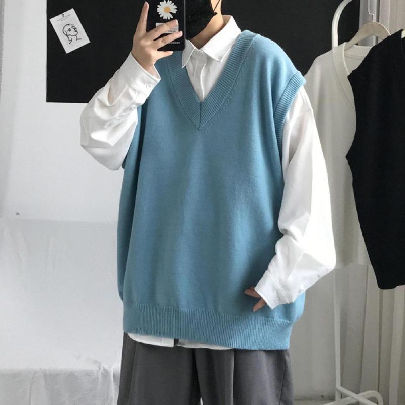 New Fashionable Thick V-neck Sleeveless Vest Sleeveless Sweater Cotton School Uniform Cotton Loose Knitted Vest Sweater For Men
