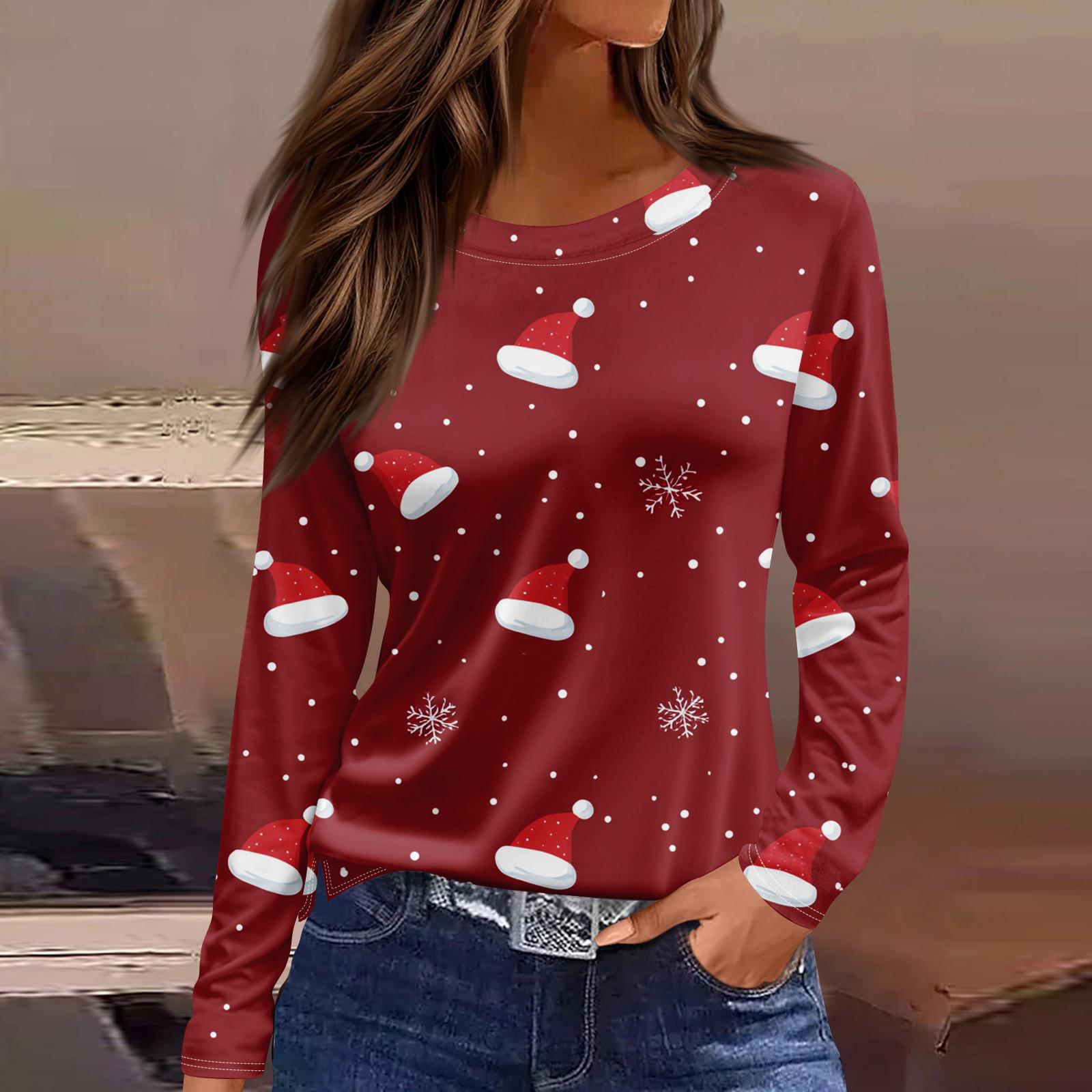 

Женская мода повседневный топ с разрезом по низу и рождественским принтом с круглым вырезом и длинными рукавами L