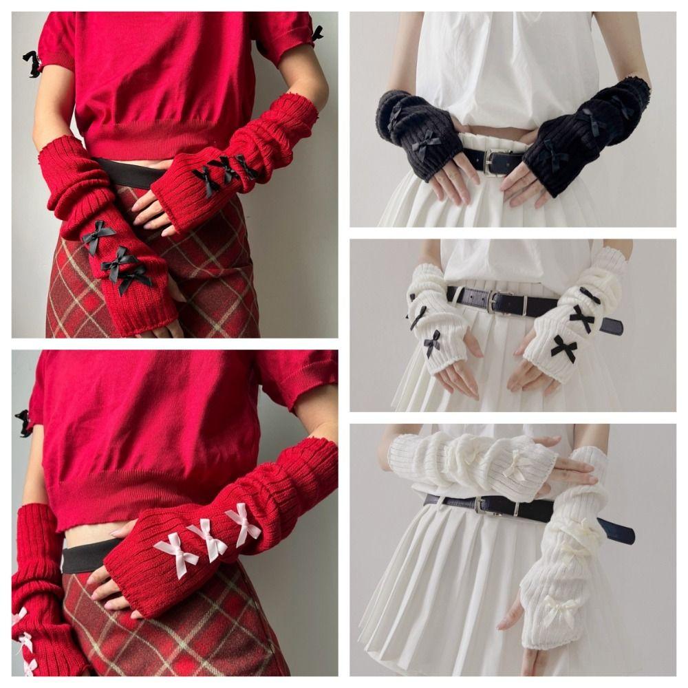 Punk Bow Fingerless Gloves Elastic Warm Sleeves Streetwear Y2K Oversleeve  Black Gothic
