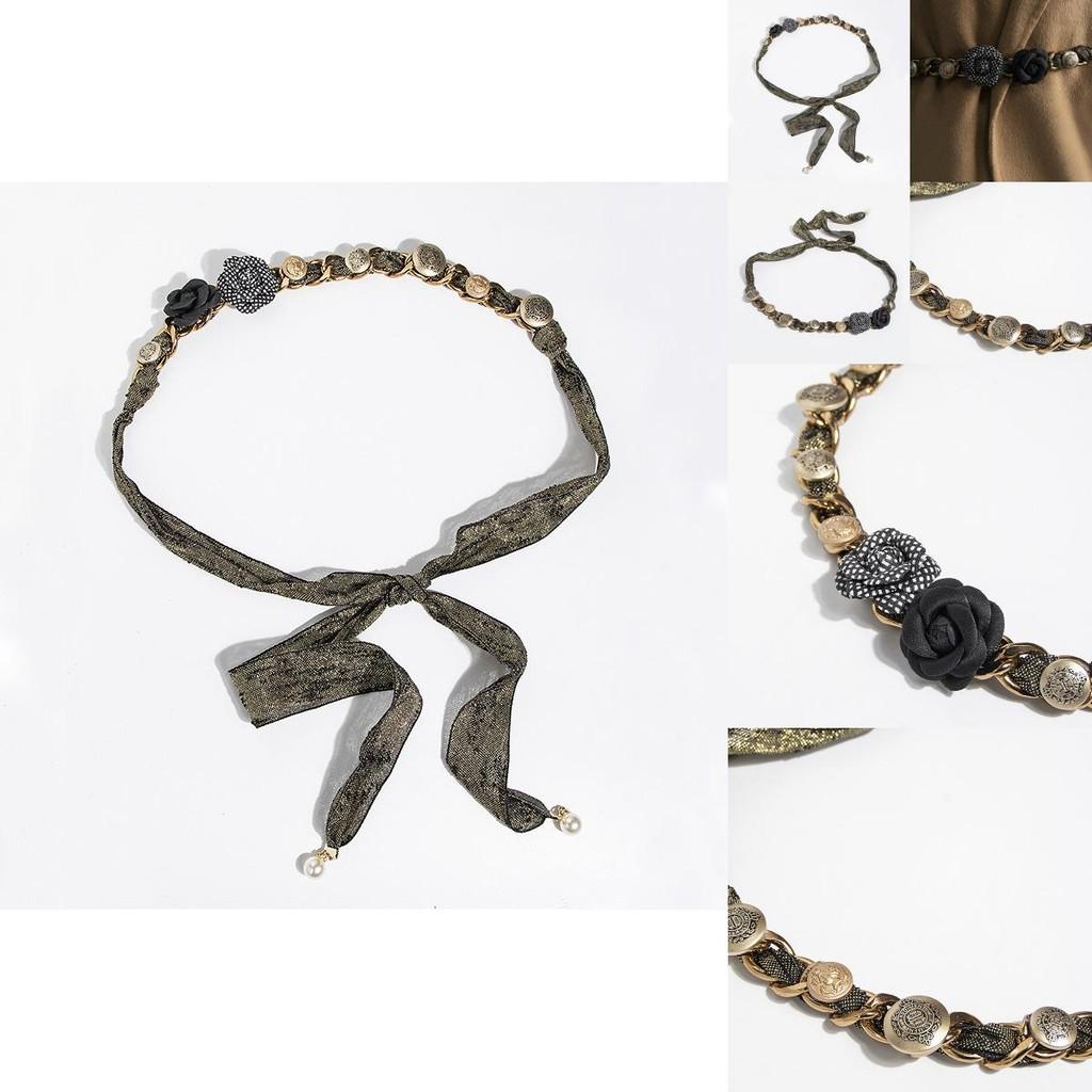 Ethnic Style Womens Silk Belt With Rose Flower Vintage Button Chain For Summer Fashion