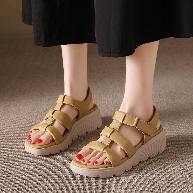 Thick-soled retro new Roman sandals women's shoes heightened woven hollow one-word buckle belt comfortable sandals