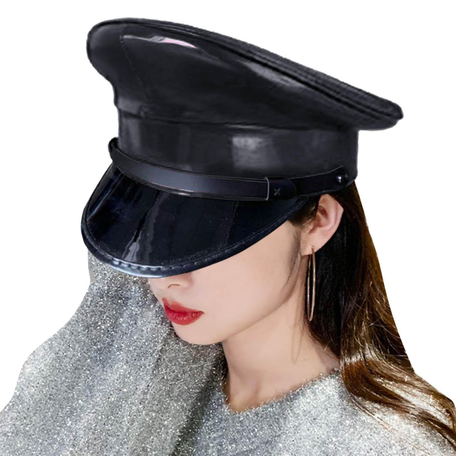 Kappe Kostüm Uniform Pantaepide Offiziersmütze Kunst Leder für Auftritt Nacht Bar Damen Unisex Black 59