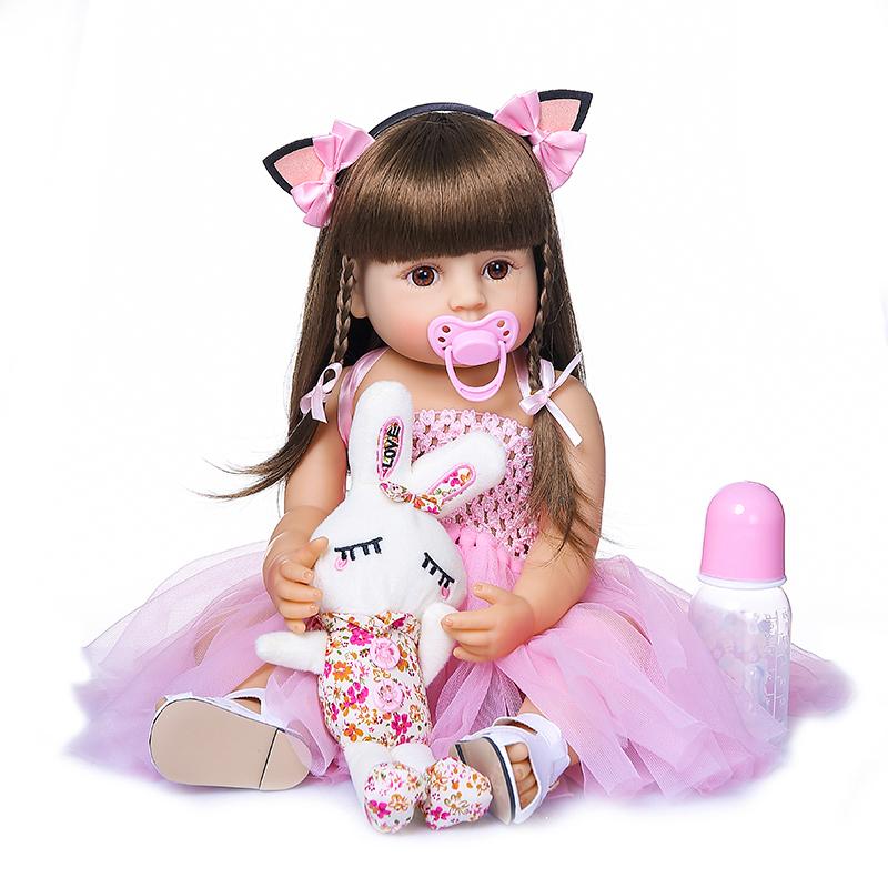 

Doll Original 55cm Reborn Baby Toddler Girl Pink Bath Toy Soft Full Silicone Brown Eyes
