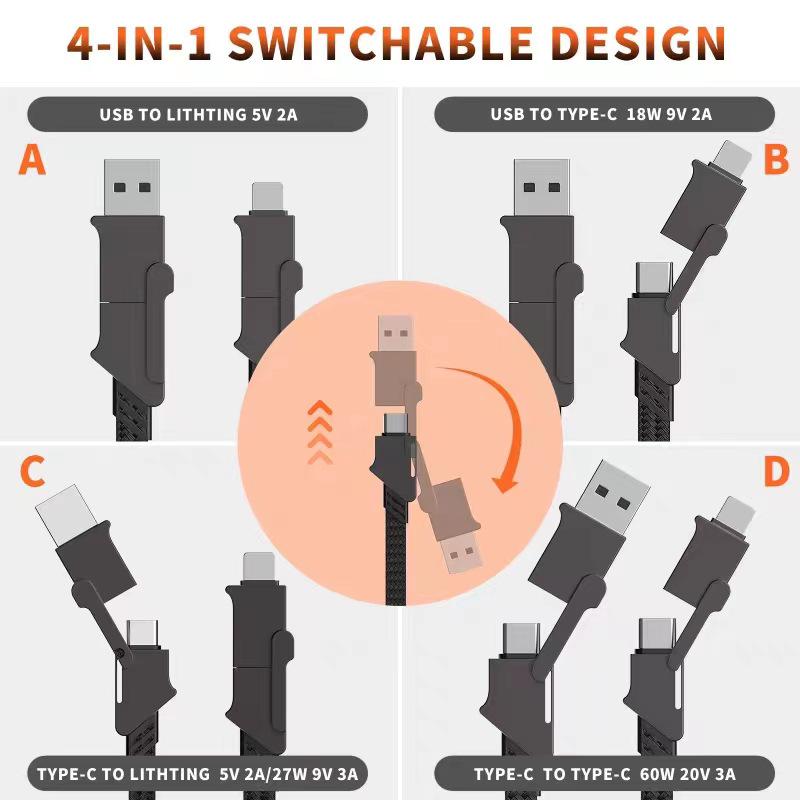 2024 Zinc Alloy Magnetic Fast Charge 4-in-1 Type C PD60W Cable Power Bank