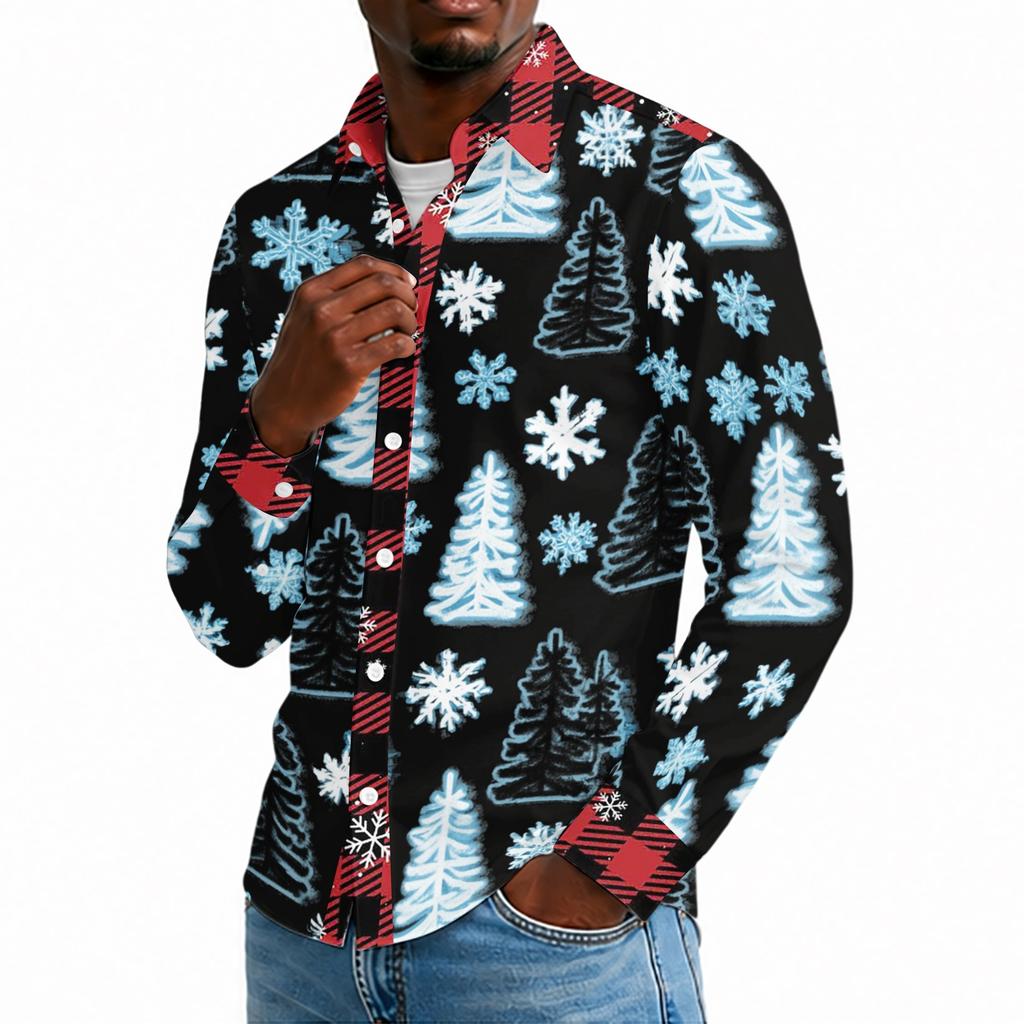 Men's Casual Long Sleeve Shirt with Christmas Print for Holiday Party and Fall
