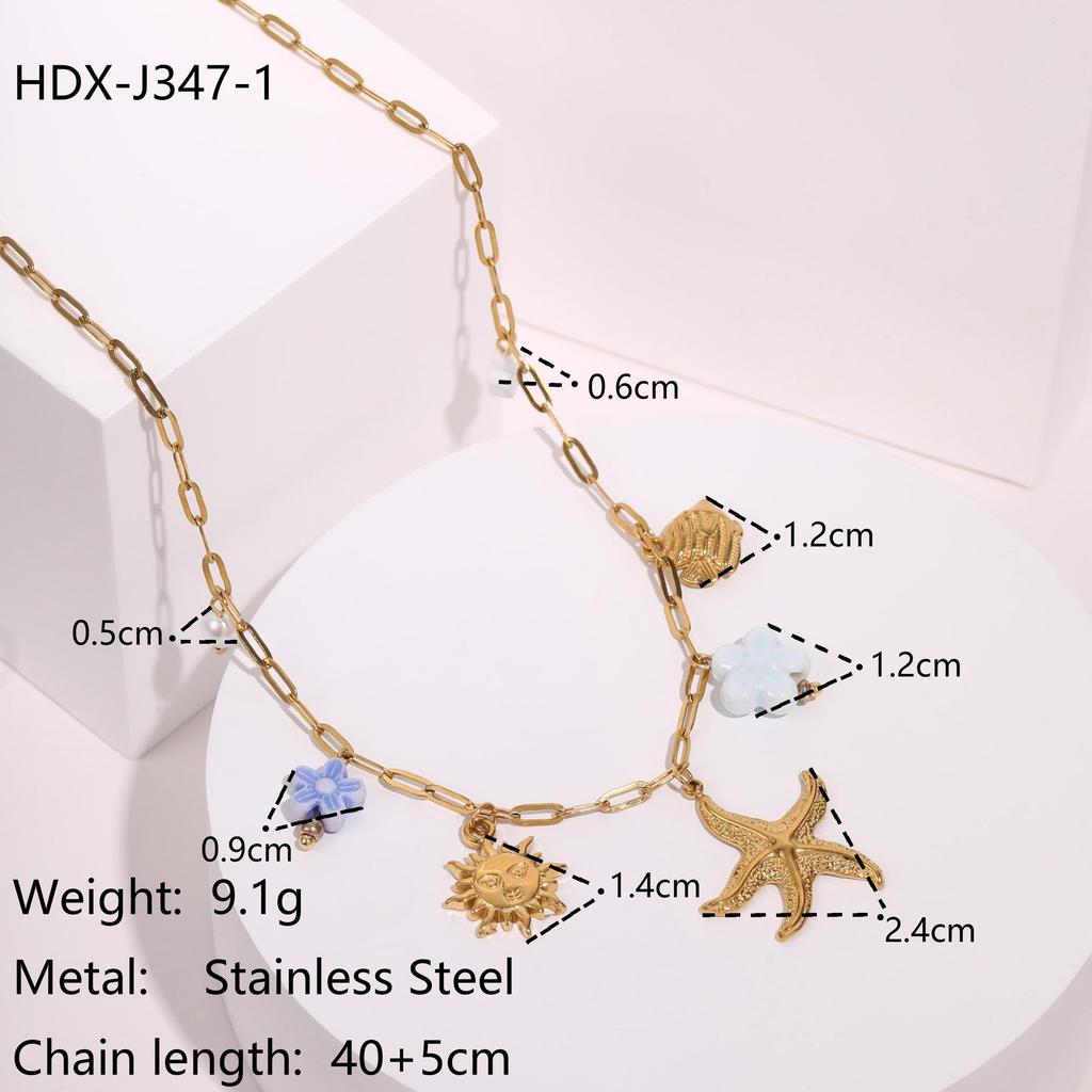 Starfish Flower Pendant Necklace with Pearl Shell on Stainless Steel Clavicle Chain