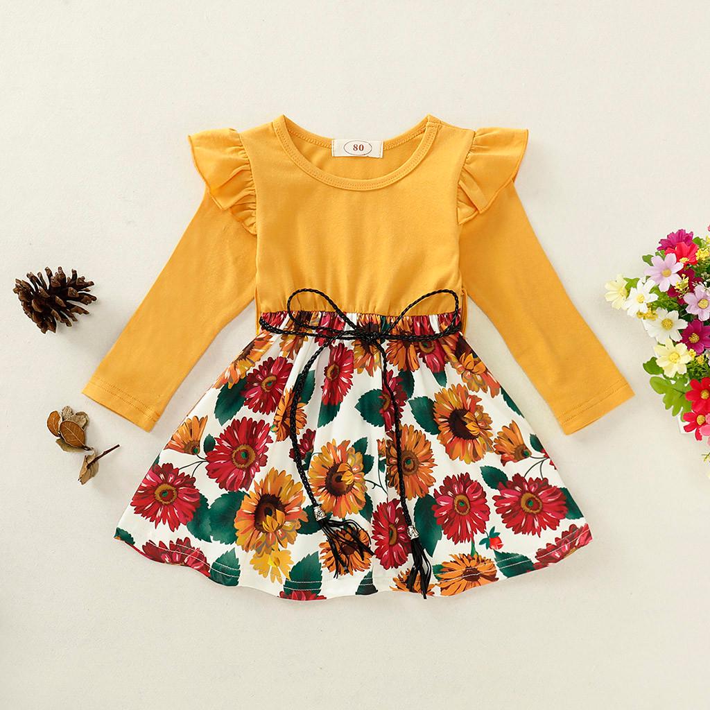 Buy Toddler Baby Girls Long Sleeve Ruffles Sunflower Print Dress Clothes at affordable prices