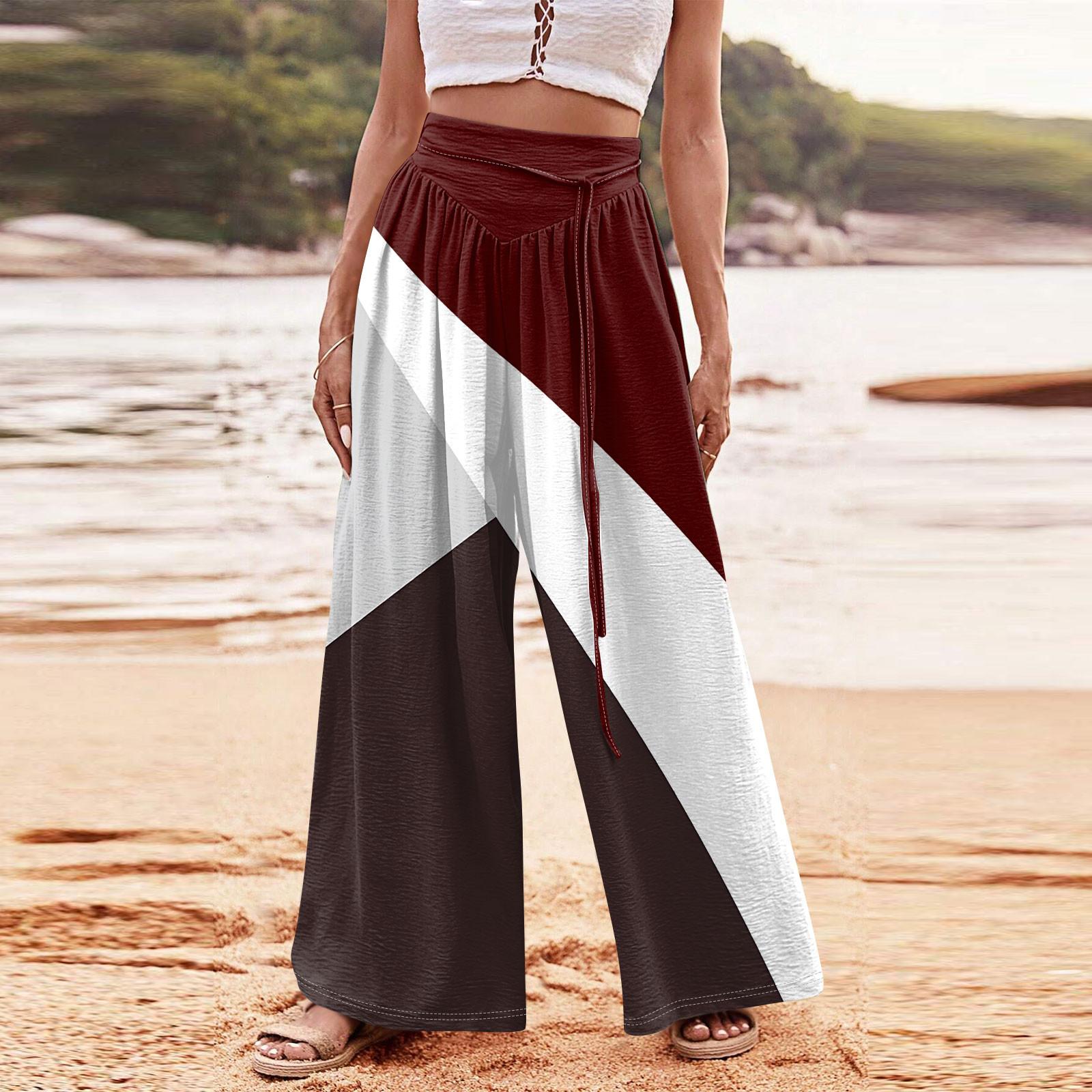 

Женские модные повседневные свободные широкие брюки с принтом на завязках и карманами L винный