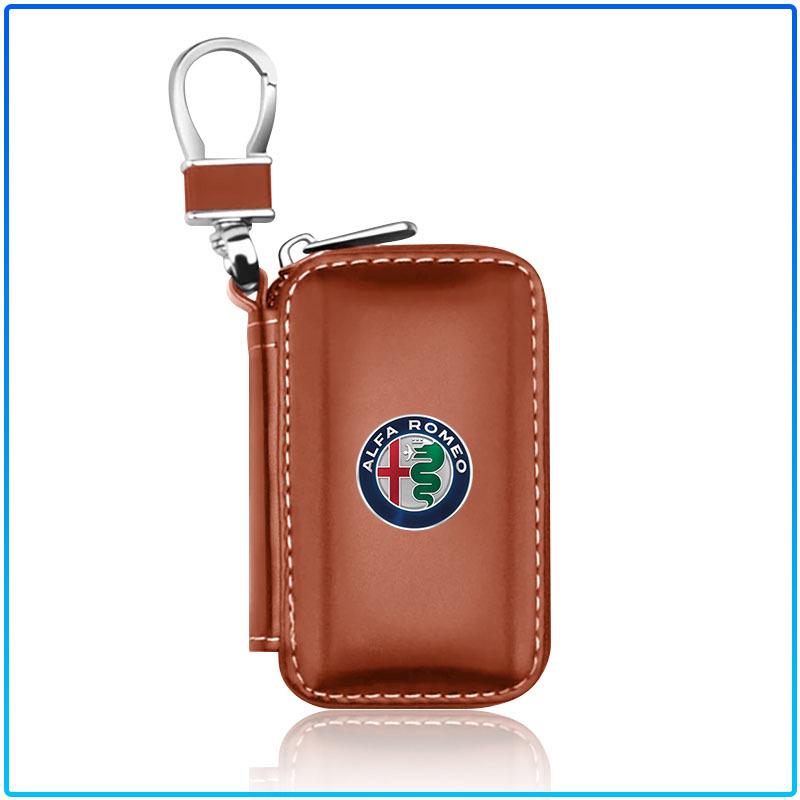 For Alfa Romeo 159 147 156 166 Giulietta Giulia Mito Stelvio Brera Spider 1Pcs Leather Emblem Car Key Case Keychain Zipper Key Case Bag