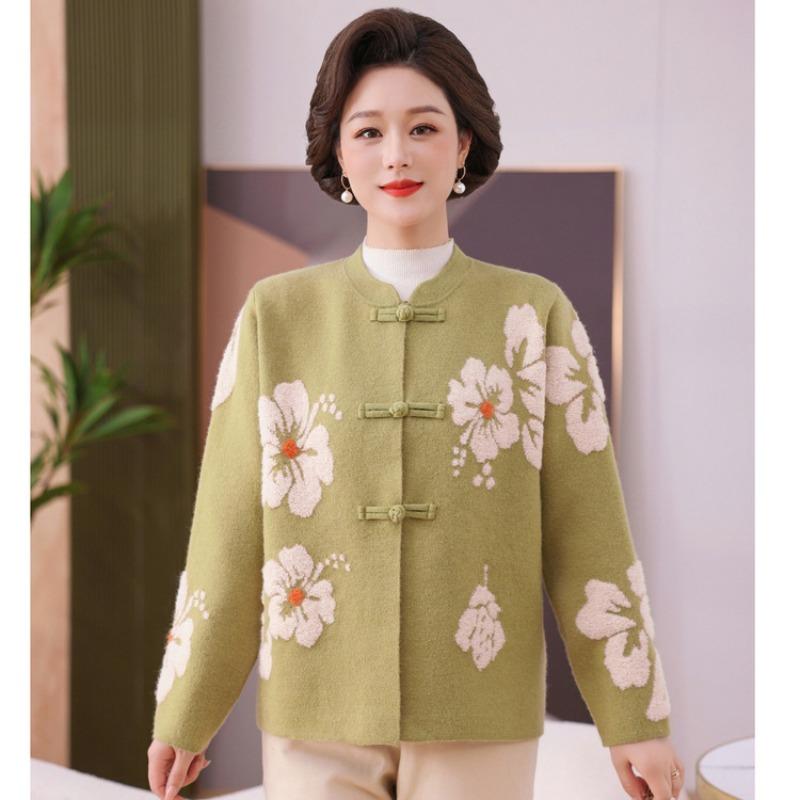 New embroidered large-size knitted top medium and old versatile sweater spring and autumn mother v-neck knitted sweater jacket