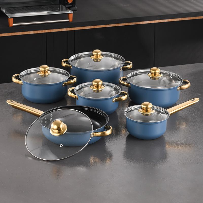 Stainless Steel Blue Pot Set, Gold Handle Six-piece Set, Soup Pan, Milk Pan, Frying Pan, Wok, Cookware