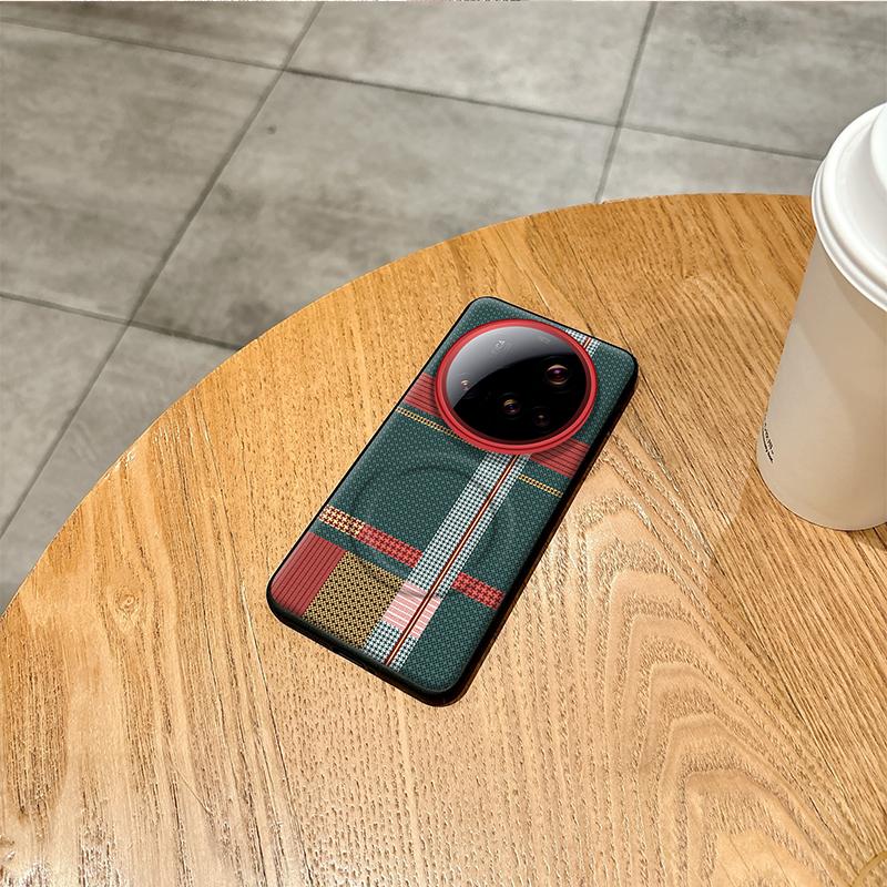 For Xiaomi 15 14 13 Ultra Case Red Green Stripe Pattern Leather Magsafe Individual Metal Keys Matte Anti-Slip Grip Soft Cover