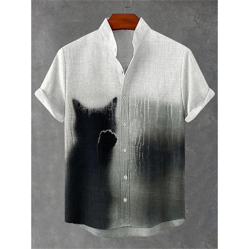 Men's short-sleeved shirt with a fun cat print, stand-up collar, single-breasted casual style. Hawaiian shirt, men's unique top.