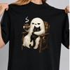 Cozy Ghost Holding Black Cat Shirt, Spooky Chair Illustration Tee, Fall Cat Lover Gift
