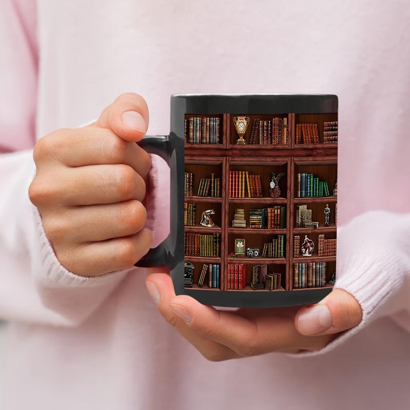 1 Stück Bibliotheks-Bücherregal-Tasse, Bibliothekar, Bücherwurm-Becher, Geschenke, für Leser, Bücherwurm-Geschenke, schwarz, 350 ml/11 Unzen und 450 ml/15 Unzen