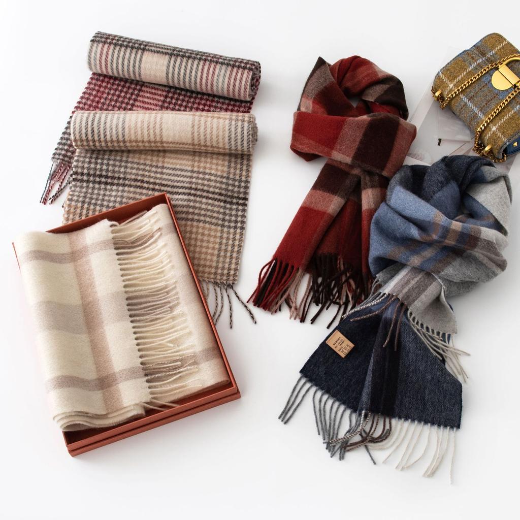 Szalik 100% Wełna Jesienno-Zimowy Ciepły Wszechstronny Szalik w Kratę Damski Wysokiej Jakości Zimowy Wełniany Czerwony Szalik