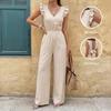 Dressy Bow Tie Back One Piece Jumpsuits for Women Casual Cap Sleeve V Neck Wide Leg Romper Vacation Going Out Outfits