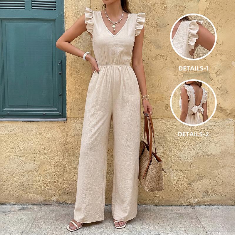 

Dressy Bow Tie Back One Piece Jumpsuits for Women Casual Cap Sleeve V Neck Wide Leg Romper Vacation Going Out Outfits S