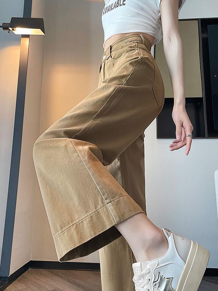 2026 Khaki High-Waisted Cropped Wide-Leg Jeans for Women