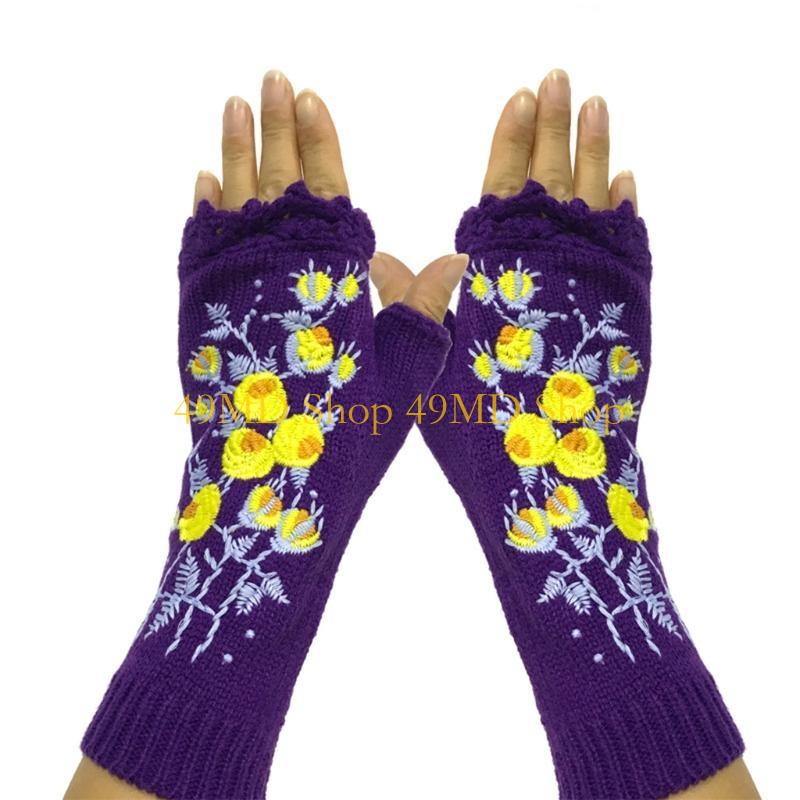 49MD Women Autumn Knitted Lengthen Wrist Fingerless Gloves Sweet Small Yellow Floral Embroidery Crochet Thumbhole Texting Arm