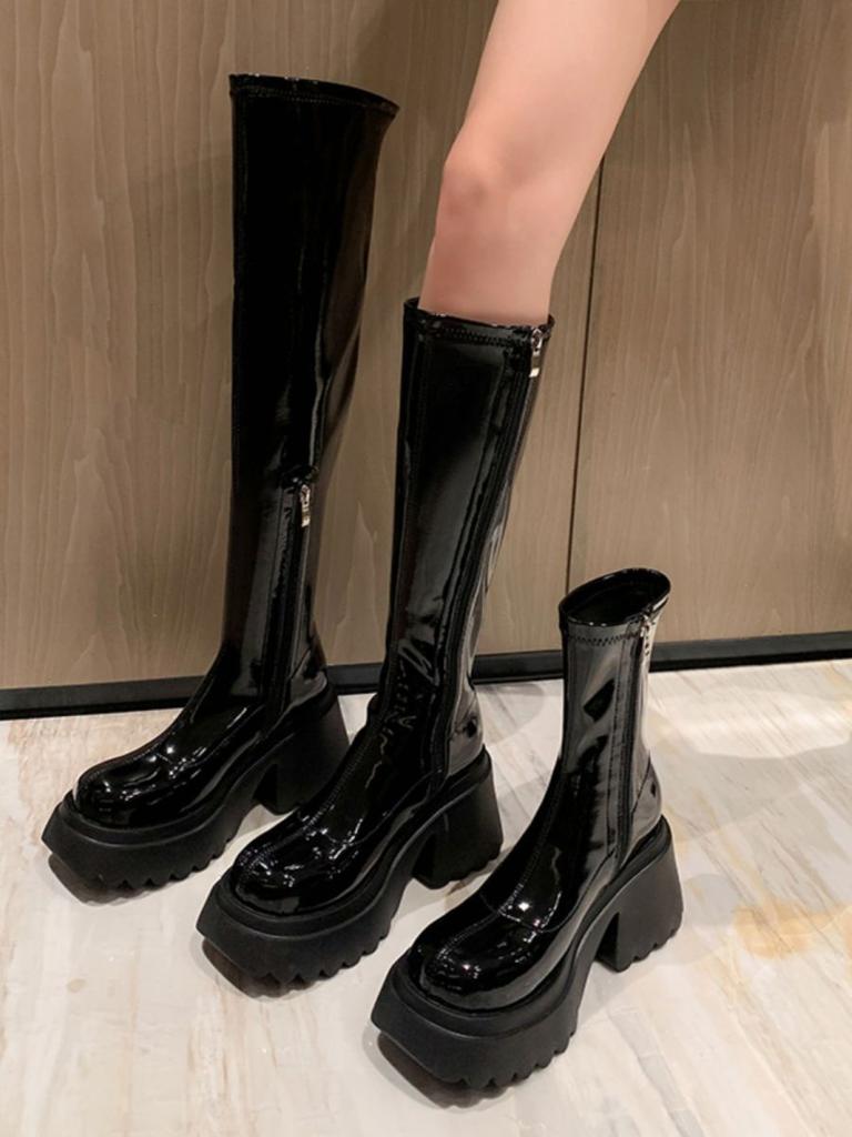 Patent leather waterproof platform thick-soled short boots heightening long boots women's thick heel knee boots women's high boots elastic boots wome