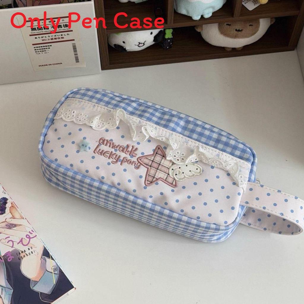 Cotton Vintage Plaid Pencil Case With Lace Detail For Students And Office Use