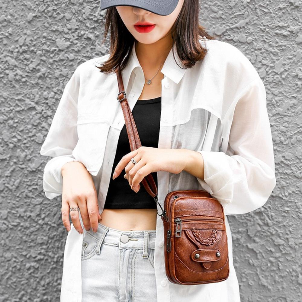 Women Vintage Soft Faux Leather Crossbody Phone Bag, Small Multi Zipper Pocket Shoulder Purse, Adjustable Strap Mini Handbag for Daily Travel Shopping