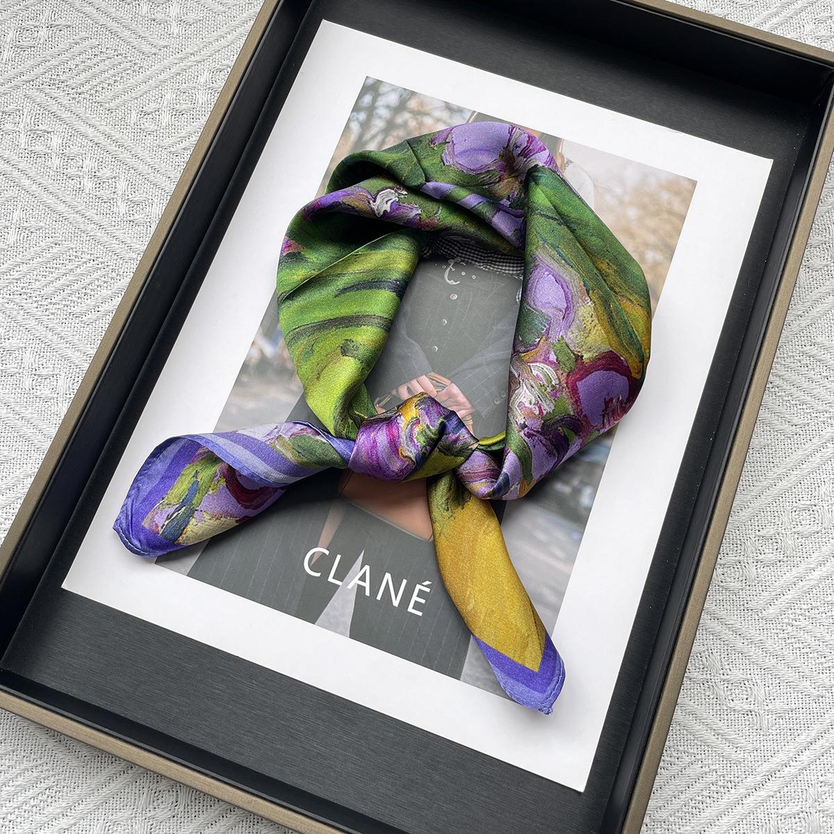 Oil painting wind purple iris print 100% mulberry silk silk scarf women s summer versatile silk 53cm small square scarf batch 53*53cm
