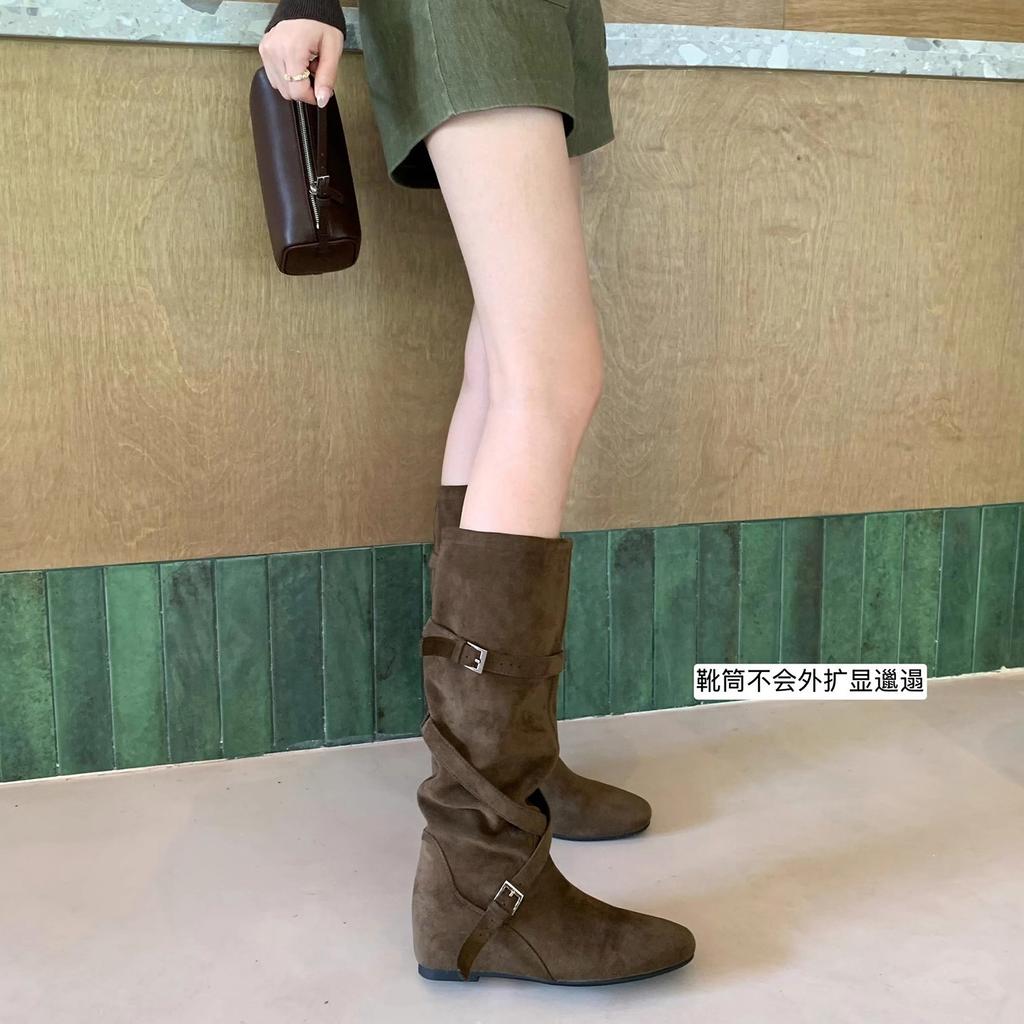 [Factory Spot~~] Retro Pile Western Cowboy Boots Round Head Buckle Soft Folds Skinny Medium Boots Women