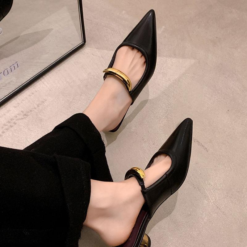 Pointed Thick Heel Half Tray 2025 Spring and Autumn Muller Slippers Half Slippers Low Heel Simple French Metal Women's Bag Head Sandals