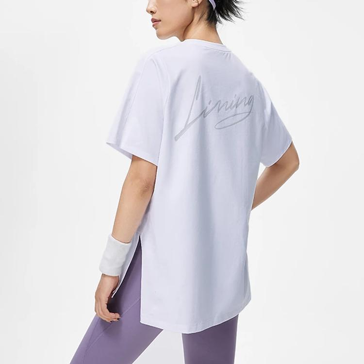 Li Ning Fitness Series Letter Print Moisture-Wicking Loose Short Sleeve T-Shirt Women Tops Standard-White ATST224-5