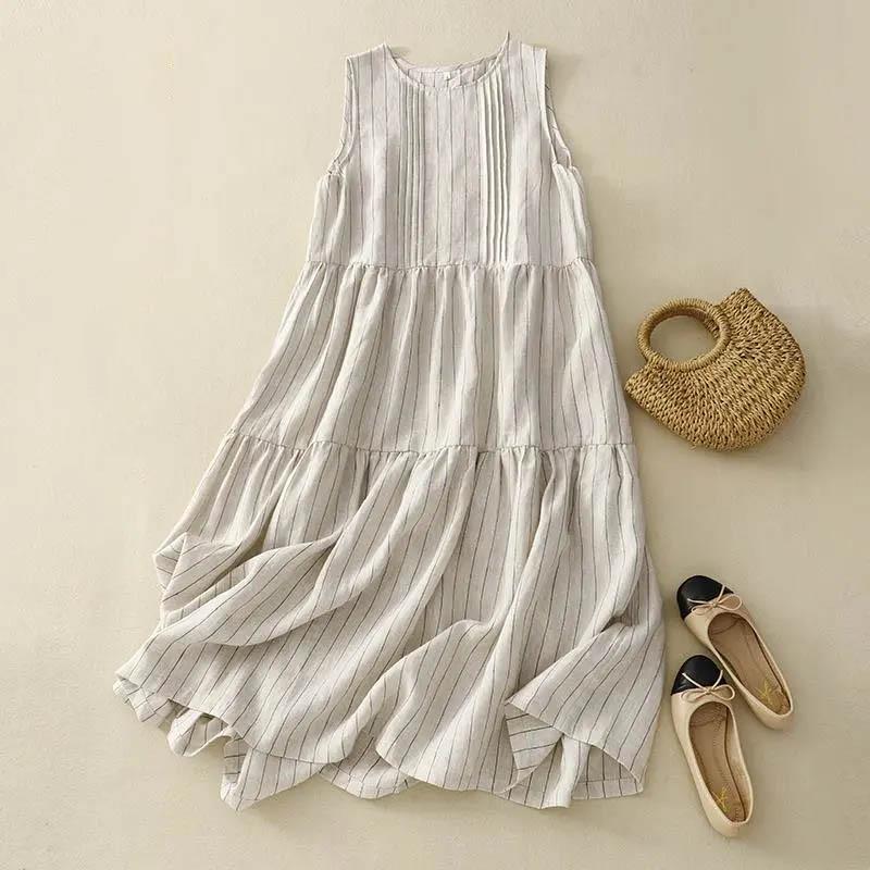 

Платье-жилет без рукавов женское хлопковое летнее свободного кроя большого размера в полоску облегающее повседневное из конопли XXL белый