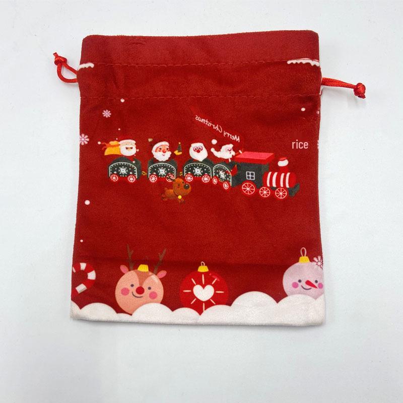 Christmas Eve Drawstring Gift Bag with Cartoon Snowman, Bear, and Santa Patterns