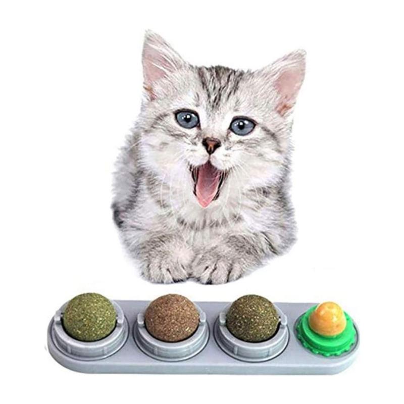Catnips Toy Edible Ball Set Wall Mount Rotatable Natural Licking Treat Toy for Kitten of Various Age 8" Long Base X3UC