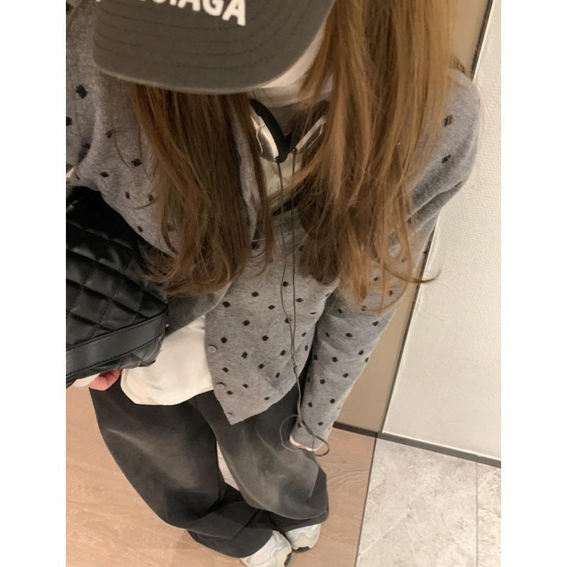 Women's Gray Polka Dot Knit Cardigan - 2024 Slim Fit with Layered Design