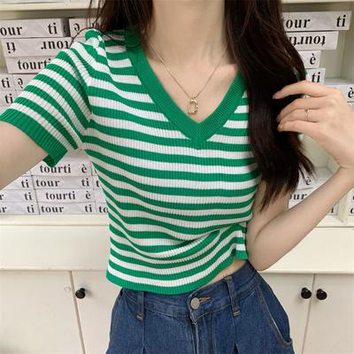 Color Blocking Gestreiftes Gestricktes Basic-Shirt für Damen Sommer-Mode Slim Fit und Schlankmachendes Kurzarm-Top Kurzarm-T-Shirt