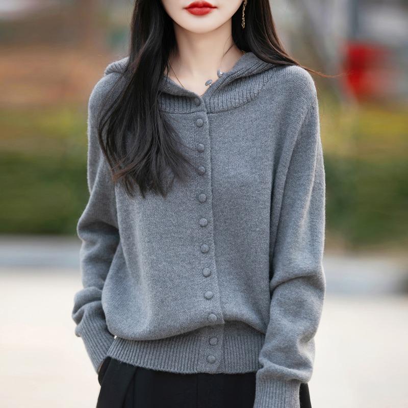 Hooded knitted cardigan women's single-breasted sweater jacket autumn and winter new casual loose hooded sweater stacked top