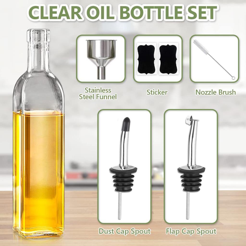 Olive Oil Dispenser Bottle, 2 Pcs Glass Dispenser Set with 2 Stainless Steel Pourers, 4 Labels and 1 Funnel Bottles for Kitchen