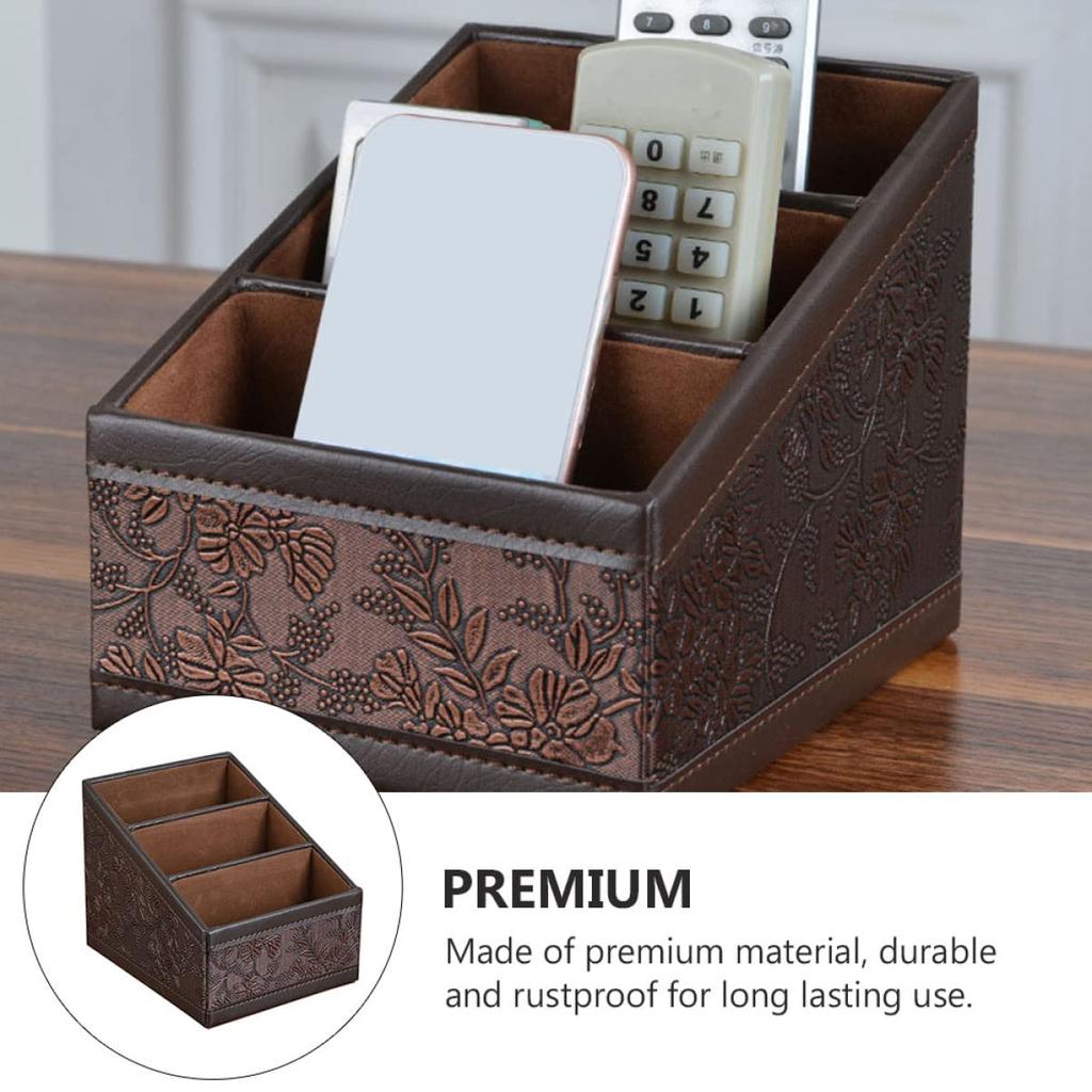 EXCEART Remote Control Rack, 3-Tier Leather Storage Rack with Remote Control Stand, Pen Holder, Smartphone Holder, Stylish Retro PU Leather Desk Organ