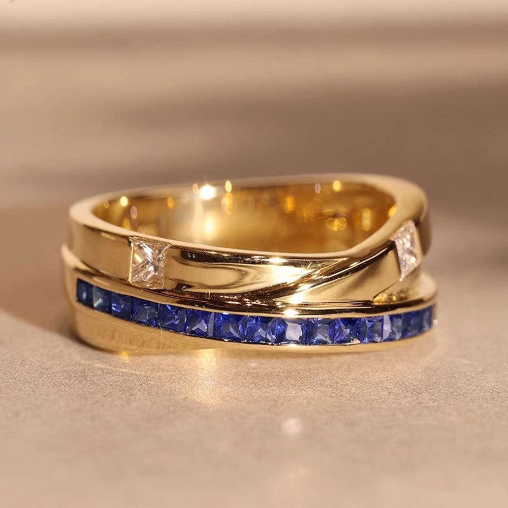 Live business style jewelry, creative double-layer design, blue diamond zircon unisex ring.